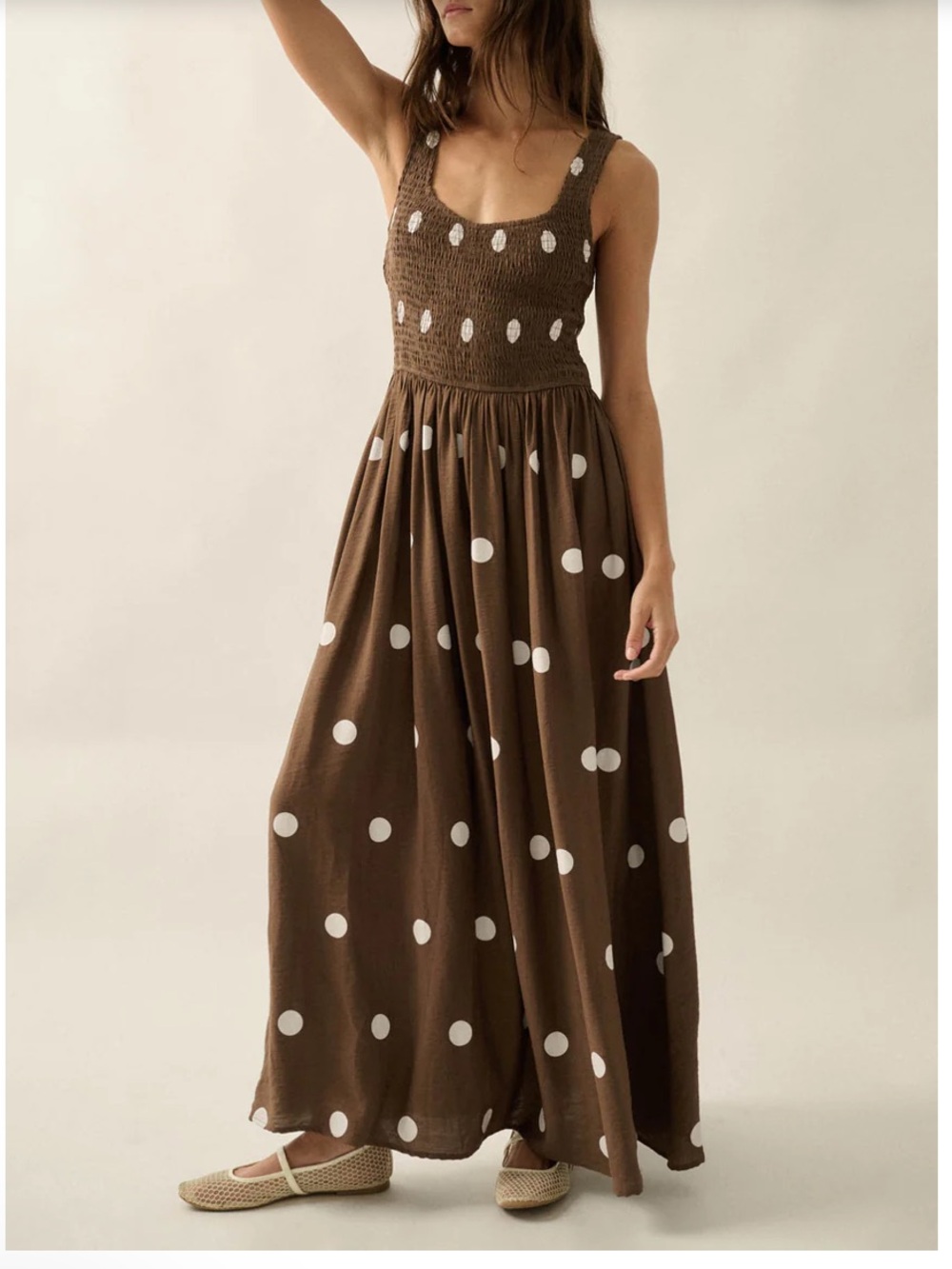 Promesa Brown Maxi Dress with White Polka Dots